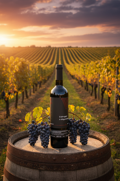 3 Struguri, O Singură Vie 2022 bottle in a Romanian vineyard at golden hour
