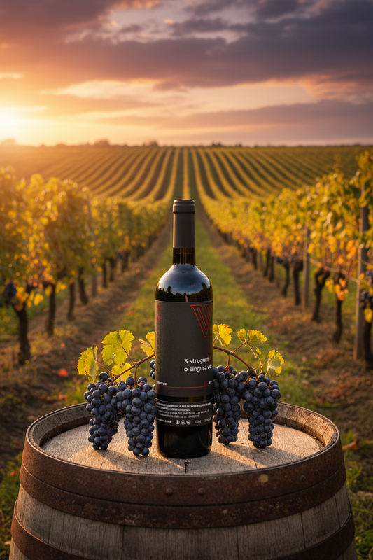 3 Struguri, O Singură Vie 2022 bottle in a Romanian vineyard at golden hour